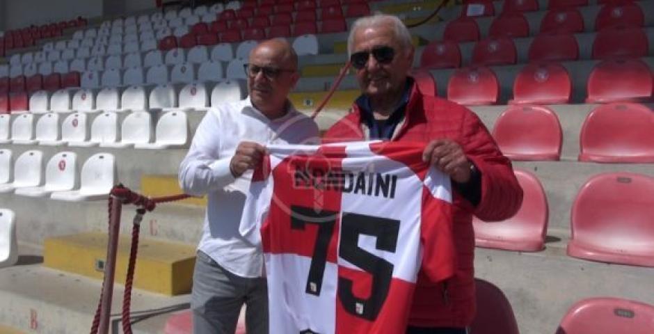 Calcio: Il "Presidente dei Tifosi" Marino Mondaini premiato questa mattina dal Presidente del Rimini Fc, per la sua fedeltà ai colori biancorossi Calcio: Il "Presidente dei Tifosi" Marino Mondaini premiato questa mattina dal Presidente del Rimini Fc, per la sua fedeltà ai colori biancorossi
